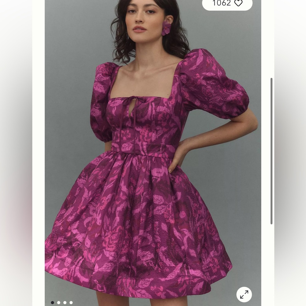 BHLDN Magenta Floral Jacquard Puff-Sleeve Mini Dress